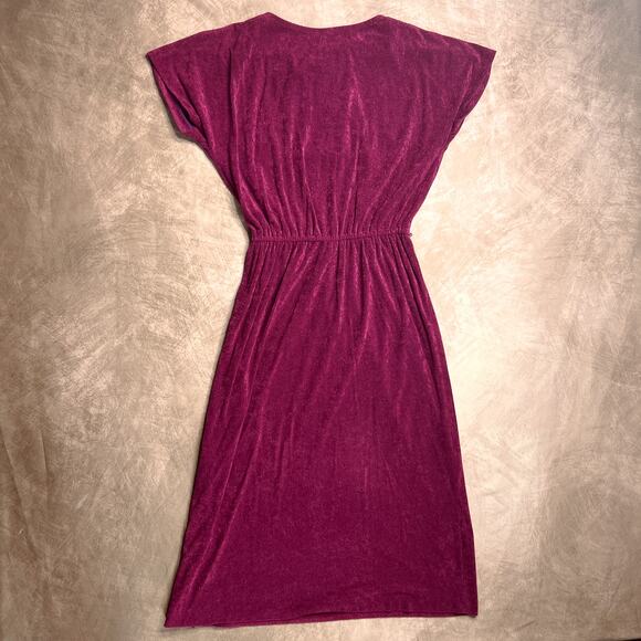 Vintage 70s Union Made Magenta Terry Cloth Shirt Waist Dress Side Button Midi - Picture 3 of 12